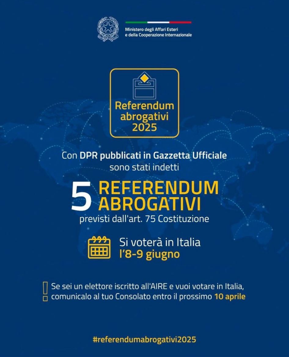 #Referendumabrogativi2025 

🗳️Indetti per l’8-9 giugno 5 referendum abrogativi previsti dall'art. 75 Costituzione. 

❗Se sei iscritto all'AIRE riceverai a casa il plico per votare. Se vuoi votare in Italia, comunicalo all’Ambasciata entro il 10 aprile👇
ambmontevideo.esteri.it/it/news/dall_a…