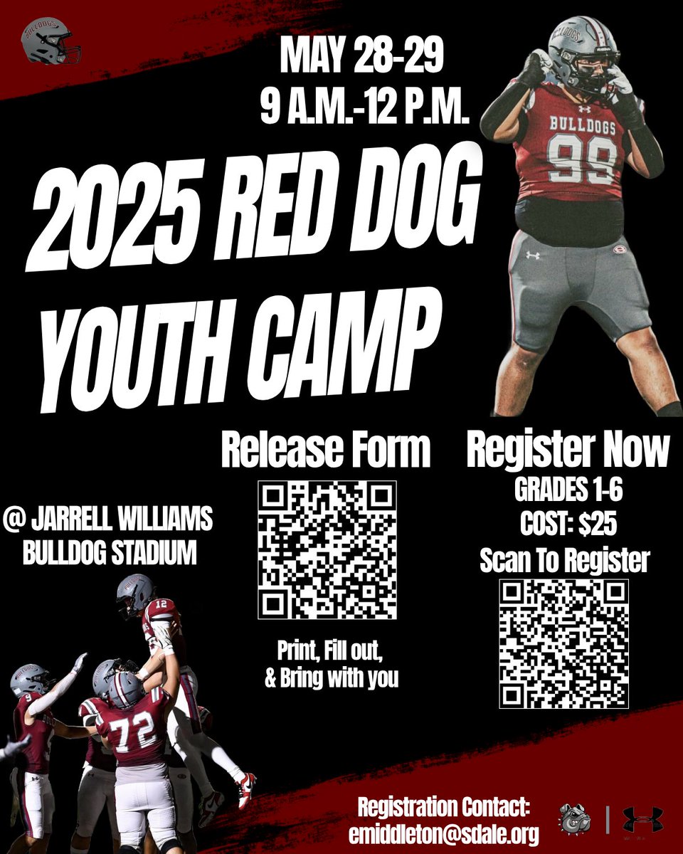 Join us for our 2025 Red Dog Football Youth Camp on May 28th and 29th from 9 A.M.-12 P.M.  It is going to be an awesome two days! You can register using the QR code. We can't wait to work with our future Red Dogs! It is going to be a blast! #RDT