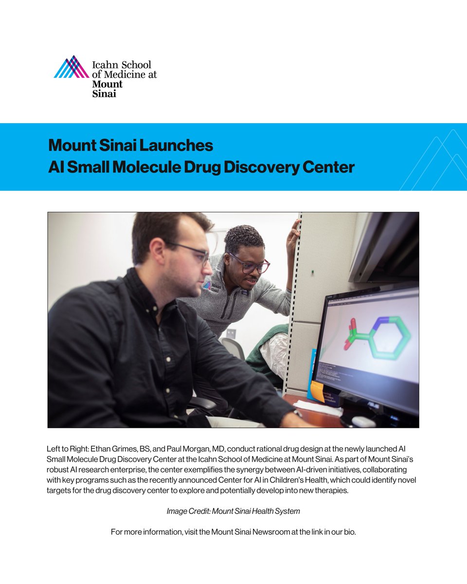 AIHealthMtSinai's tweet image. The Icahn School of Medicine at Mount Sinai has launched the AI Small Molecule Drug Discovery Center, a bold endeavor that harnesses artificial intelligence (AI) to revolutionize drug development.
Read more about this exciting development here! mountsinai.org/about/newsroom…
