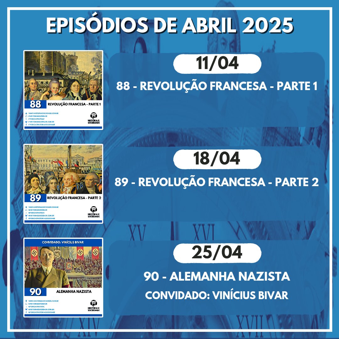 Ei, vem ver o que vai rolar nesse mês de abril aqui no podcast! Marca na agenda e vem com a gente!

Gostou de algum? Comenta aí! E aproveita pra sugerir temas futuros.

Lembrando que a primeira sexta de cada mês é a folga do podcast!

Para escutar, acesse historiaesociedade.com.br/links