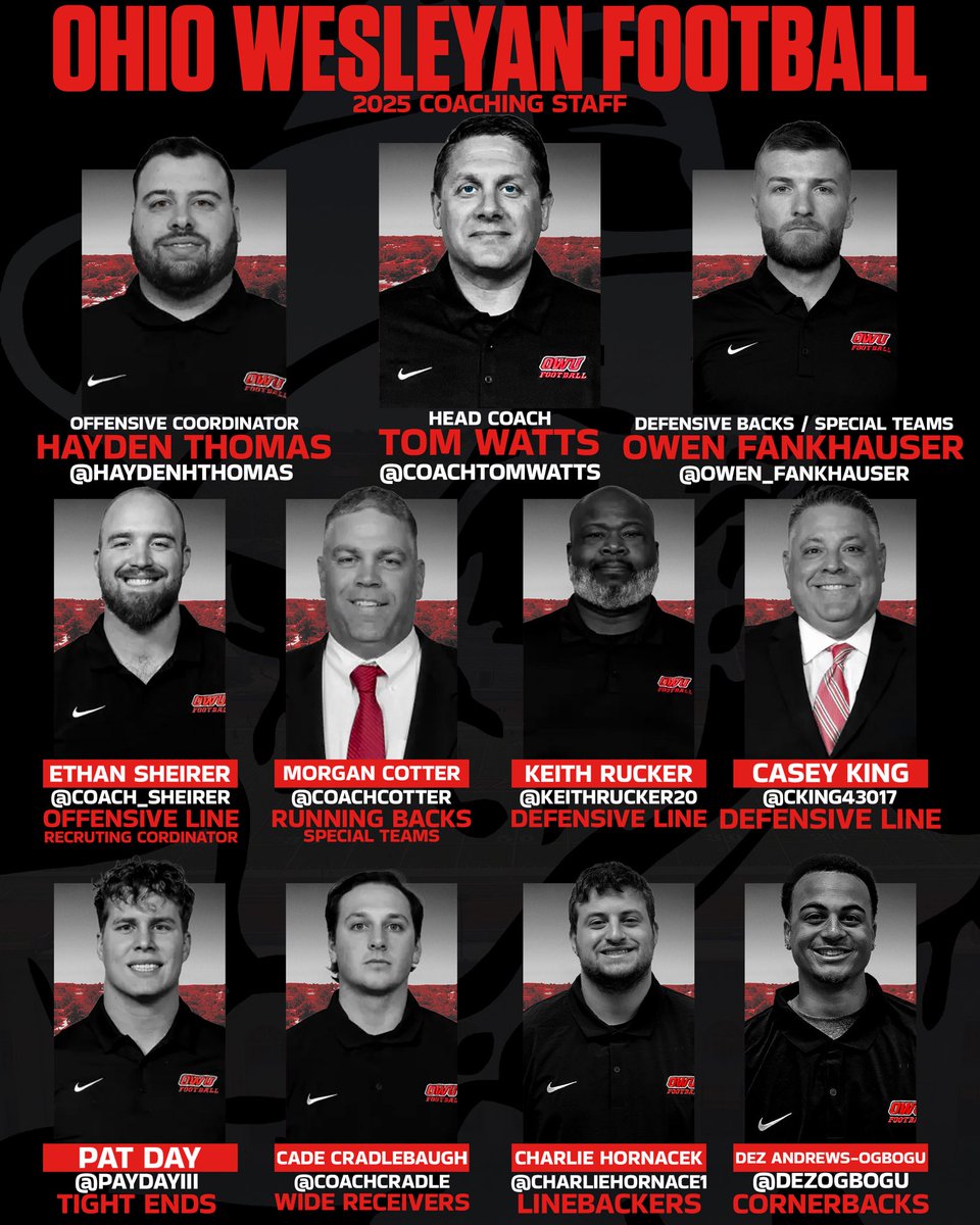 <a href="/CoachTomWatts/">Tom Watts</a> announces the completion of the OWU Football coaching staff! The staff is excited to finish off the last 2 weeks of Spring Ball. #RollShops #FOE