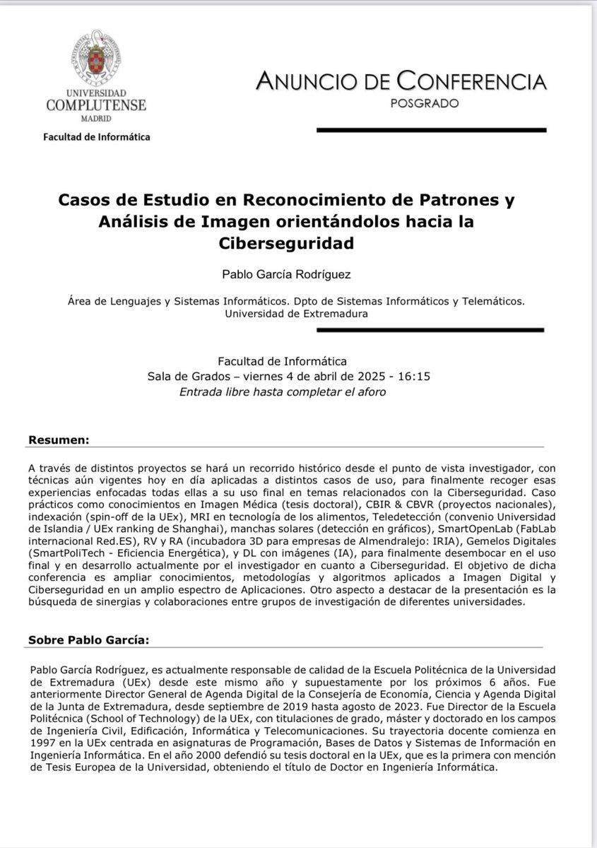 Pablo Gª Rguez (@pablogarguez) on Twitter photo Ahora en esta tarde de viernes estamos en #Madrid en la #Complutense #UCM en la #FacultadDeInformática <a href="/unicomplutense/">Complutense</a> impartiendo una conferencia de #Posgrado sobre #ReconocimientoDePatrones #AnálisisDeImagen y #Ciberseguridad con <a href="/_AndresCaro_/">Andrés Caro</a> <a href="/ciber_uex/">Cátedra Ciberseguridad INCIBE-UEx-EPCC</a> <a href="/GIM_UEx/">GIM UEx</a> <a href="/EPCC_Unex/">Escuela Politécnica CC</a> Ahora en esta tarde de viernes estamos en #Madrid en la #Complutense #UCM en la #FacultadDeInformática <a href="/unicomplutense/">Complutense</a> impartiendo una conferencia de #Posgrado sobre #ReconocimientoDePatrones #AnálisisDeImagen y #Ciberseguridad con <a href="/_AndresCaro_/">Andrés Caro</a> <a href="/ciber_uex/">Cátedra Ciberseguridad INCIBE-UEx-EPCC</a> <a href="/GIM_UEx/">GIM UEx</a> <a href="/EPCC_Unex/">Escuela Politécnica CC</a>