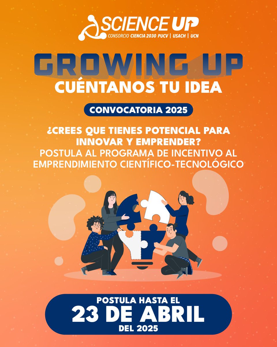 Science Up abre las inscripciones al Programa "Growing Up: Cuéntanos Tu Idea 2025", dirigido a estudiantes de las Facultades de Ciencias PUCV, Usach y UCN.
Inscríbete aquí: docs.google.com/forms/d/e/1FAI…