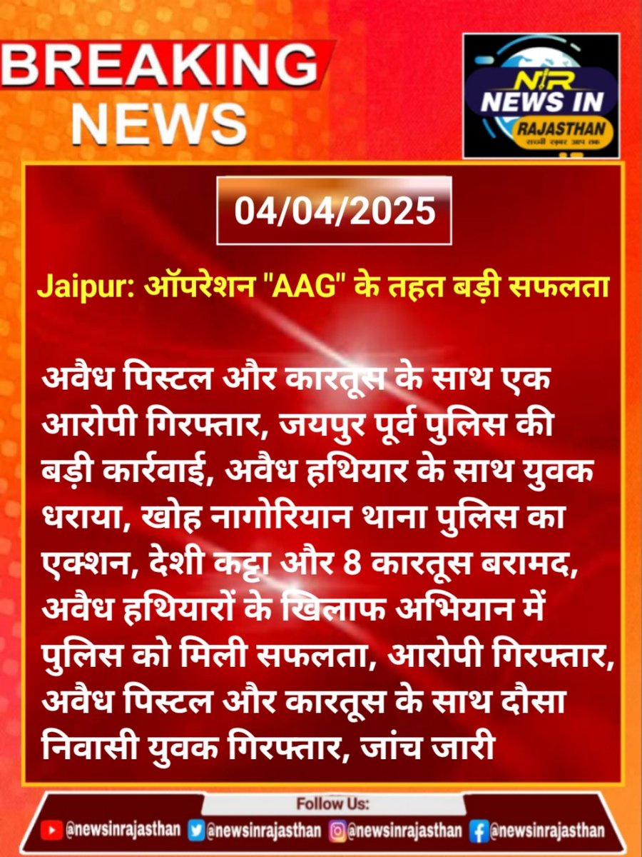 newsrajasthan24's tweet photo. #Jaipur: ऑपरेशन "AAG" के तहत बड़ी सफलता
अवैध पिस्टल और कारतूस के साथ एक आरोपी गिरफ्तार.....
#newsinrajasthan #jaipurpolice #pskhonagoriyan #LatestNews #operationaag https://t.co/jsFCWBr5rE