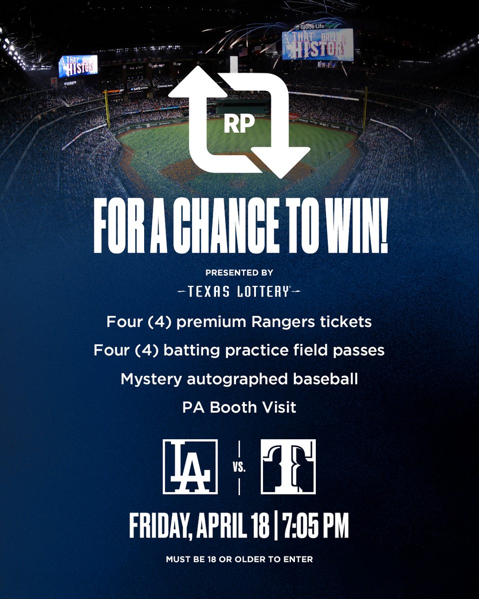 Texas Rangers (@rangers) on Twitter photo Repost today for a chance to win this #LuckHappens VIP Experience on April 18 from <a href="/TexasLottery/">Texas Lottery</a>!
Must be 18 or older to enter. Repost today for a chance to win this #LuckHappens VIP Experience on April 18 from <a href="/TexasLottery/">Texas Lottery</a>!
Must be 18 or older to enter.