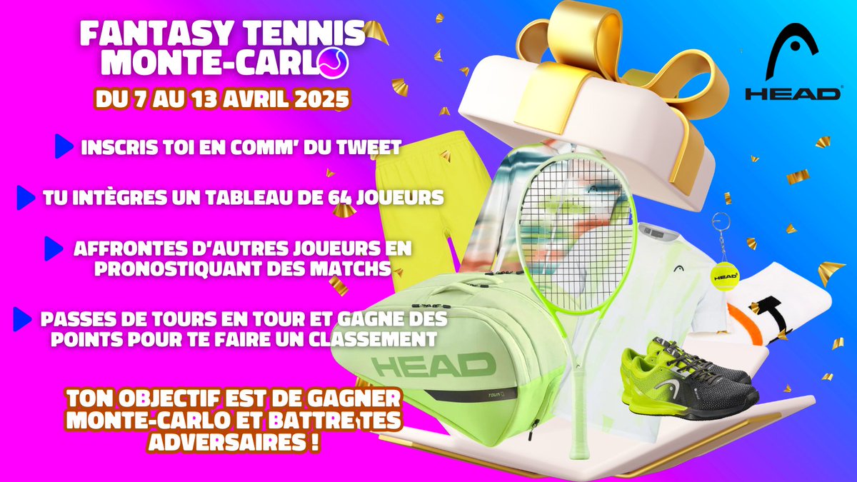 FauteDouble's tweet image. 🏆FANTASY TENNIS🏆
🇲🇨MONTE-CARLO - DU 7 AU 13 AVRIL 2025

📢GRAND JEU DE PRONOSTICS🎾
🎁CADEAUX HEAD À GAGNER !

➡️POUR T'INSCRIRE :
🔄RT +✍🏻JE M'INSCRIS (en commentaire)

🚨64 PLACES (pour le tableau principal)

🎯DEVENIR LE MEILLEUR PRONOSTIQUEURS

⬇️À TOI DE JOUER !