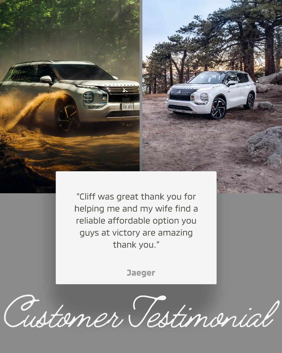VictoryMitsubi1's tweet photo. A big shoutout to Jaegar for the fantastic 5-star review! We appreciate your kind words and taking the time to share your experience. At Victory Mitsubishi, we're committed to providing exceptional service, and your feedback fuels our drive.

#CustomerAppreciation #FiveStarReview https://t.co/kk22EiL7GN