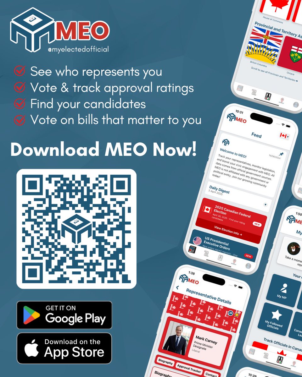 MEO_global's tweet photo. Take charge of your democracy with My Elected Official (MEO)!
Download MEO now on iOS and Android— Make your voice count and shape the future of your community!
#CivicEngagement #Democracy #Voting #YourVoiceMatters #PoliticalApp #TakeAction #MarkCarney #PierrePoilievre https://t.co/gFnQPLBdhb