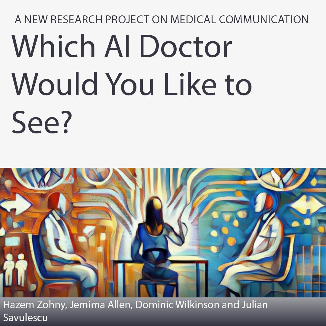 Uehiro Oxford Institute (@ethicsinthenews) on Twitter photo Check out <a href="/hazemzohny/">Hazem Zohny</a> 's medical communication chatbot, which gives you the chance to explore different doctor-patient communication styles.
Find out more: uehiro.ox.ac.uk/ai-doctor
#PhilosophyMatters #MedicalEthics <a href="/OxMedHum/">Oxford Medical Humanities</a>
<a href="/TORCHOxford/">TORCH Oxford</a> Check out <a href="/hazemzohny/">Hazem Zohny</a> 's medical communication chatbot, which gives you the chance to explore different doctor-patient communication styles.
Find out more: uehiro.ox.ac.uk/ai-doctor
#PhilosophyMatters #MedicalEthics <a href="/OxMedHum/">Oxford Medical Humanities</a>
<a href="/TORCHOxford/">TORCH Oxford</a>