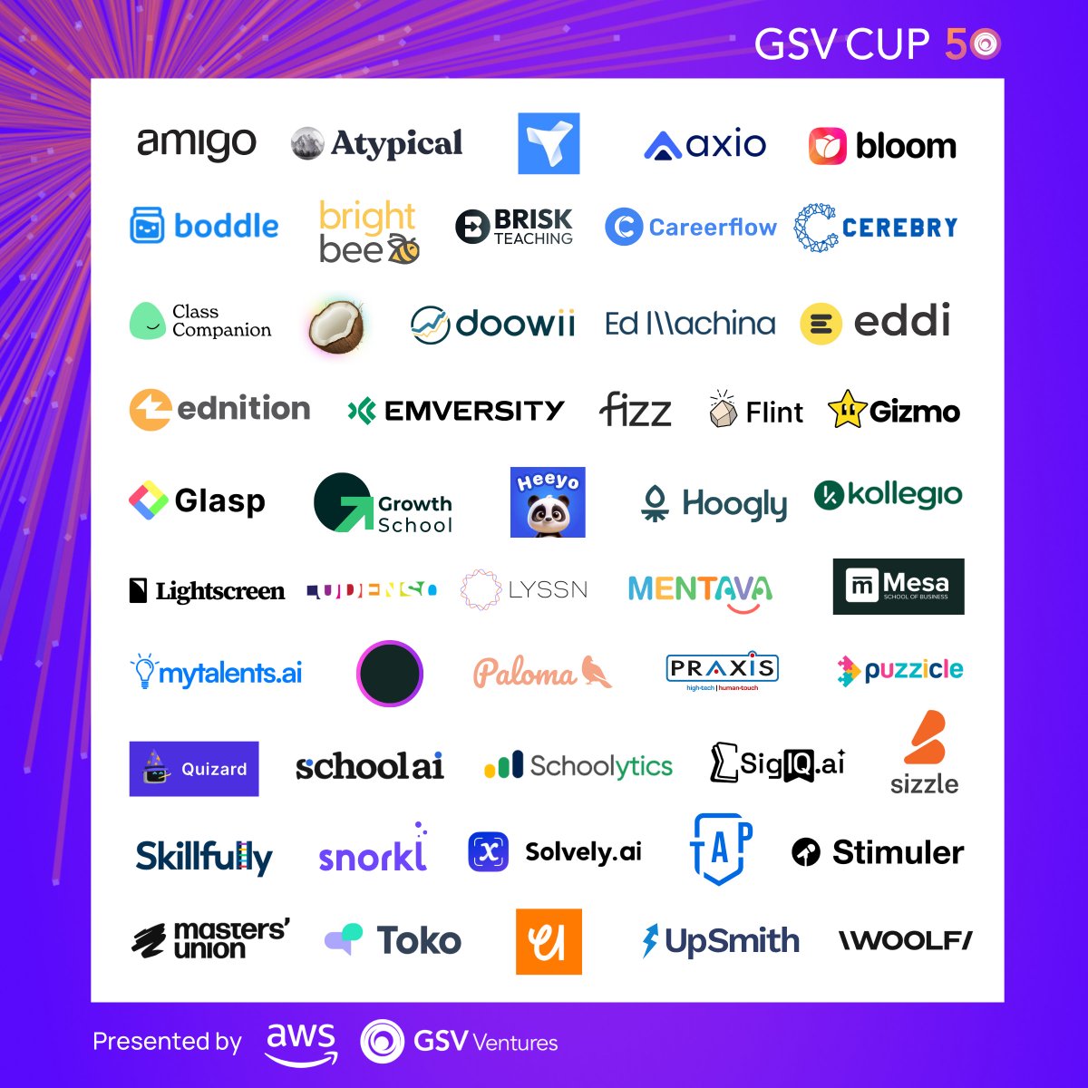 Dr. Yev AI (@doctoryev) on Twitter photo Congrats to the 50 edtech and AI startups!
Thanks <a href="/awscloud/">Amazon Web Services</a> <a href="/gsvventures/">GSV Ventures</a>
Great to see <a href="/sizzle_ai/">SizzleAI</a> on the list
Included 👏
<a href="/_Glasp/">Glasp</a>
<a href="/growthschoolio/">GrowthSchool</a>
<a href="/Heeyoai/">Heeyo</a>
<a href="/HooglyAI/">Hoogly</a>
<a href="/KollegioAI/">KollegioAi</a>
<a href="/lightscreenAI/">lightscreen</a>
<a href="/ByLudenso/">byLudenso</a>
<a href="/lyssn_ai/">Lyssn</a>
<a href="/mesaschool_/">Mesa School of Business</a>
<a href="/PalomaLearning/">Paloma Learning</a>
<a href="/AiPraxis/">Praxis AI</a>
<a href="/quizardai/">Quizard</a>
<a href="/GetSchoolAI/">SchoolAI</a> Congrats to the 50 edtech and AI startups!
Thanks <a href="/awscloud/">Amazon Web Services</a> <a href="/gsvventures/">GSV Ventures</a>
Great to see <a href="/sizzle_ai/">SizzleAI</a> on the list
Included 👏
<a href="/_Glasp/">Glasp</a>
<a href="/growthschoolio/">GrowthSchool</a>
<a href="/Heeyoai/">Heeyo</a>
<a href="/HooglyAI/">Hoogly</a>
<a href="/KollegioAI/">KollegioAi</a>
<a href="/lightscreenAI/">lightscreen</a>
<a href="/ByLudenso/">byLudenso</a>
<a href="/lyssn_ai/">Lyssn</a>
<a href="/mesaschool_/">Mesa School of Business</a>
<a href="/PalomaLearning/">Paloma Learning</a>
<a href="/AiPraxis/">Praxis AI</a>
<a href="/quizardai/">Quizard</a>
<a href="/GetSchoolAI/">SchoolAI</a>