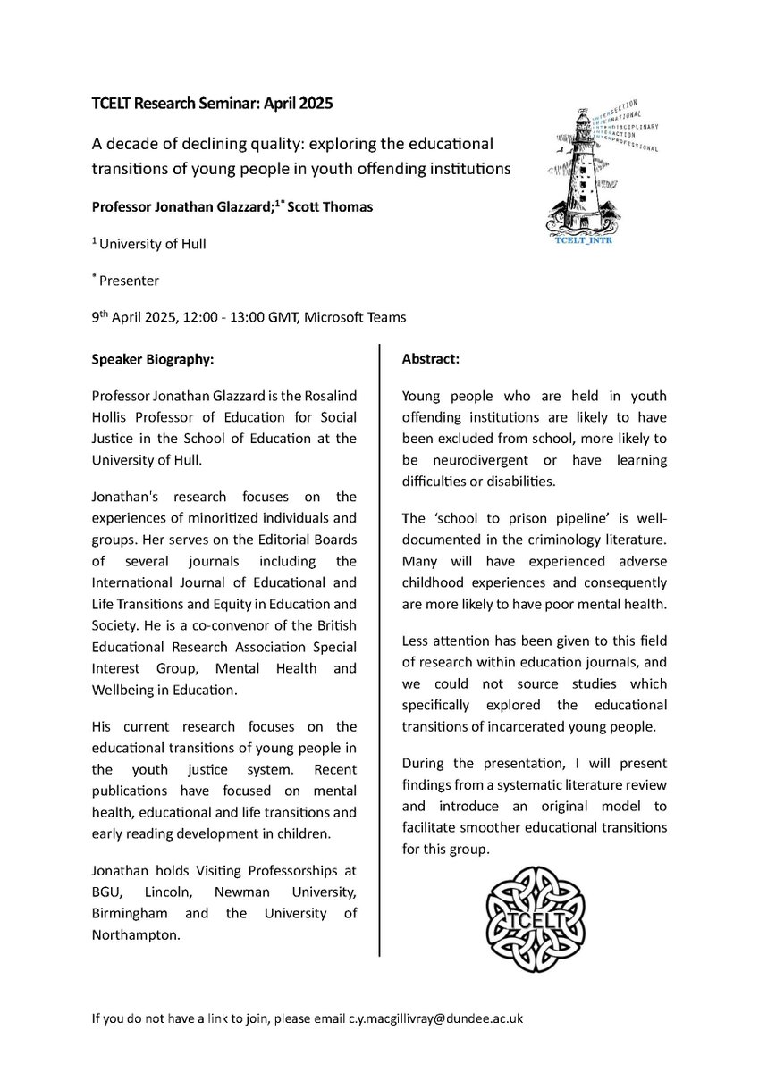 You are invited to the next TCELT research seminar, April 9th 2025, 12:00-13:00 BST!
Professor Jonathan Glazzard will be talking about the educational transitions of young people in youth offending institutions.
If you don't already have a link, please get in touch.