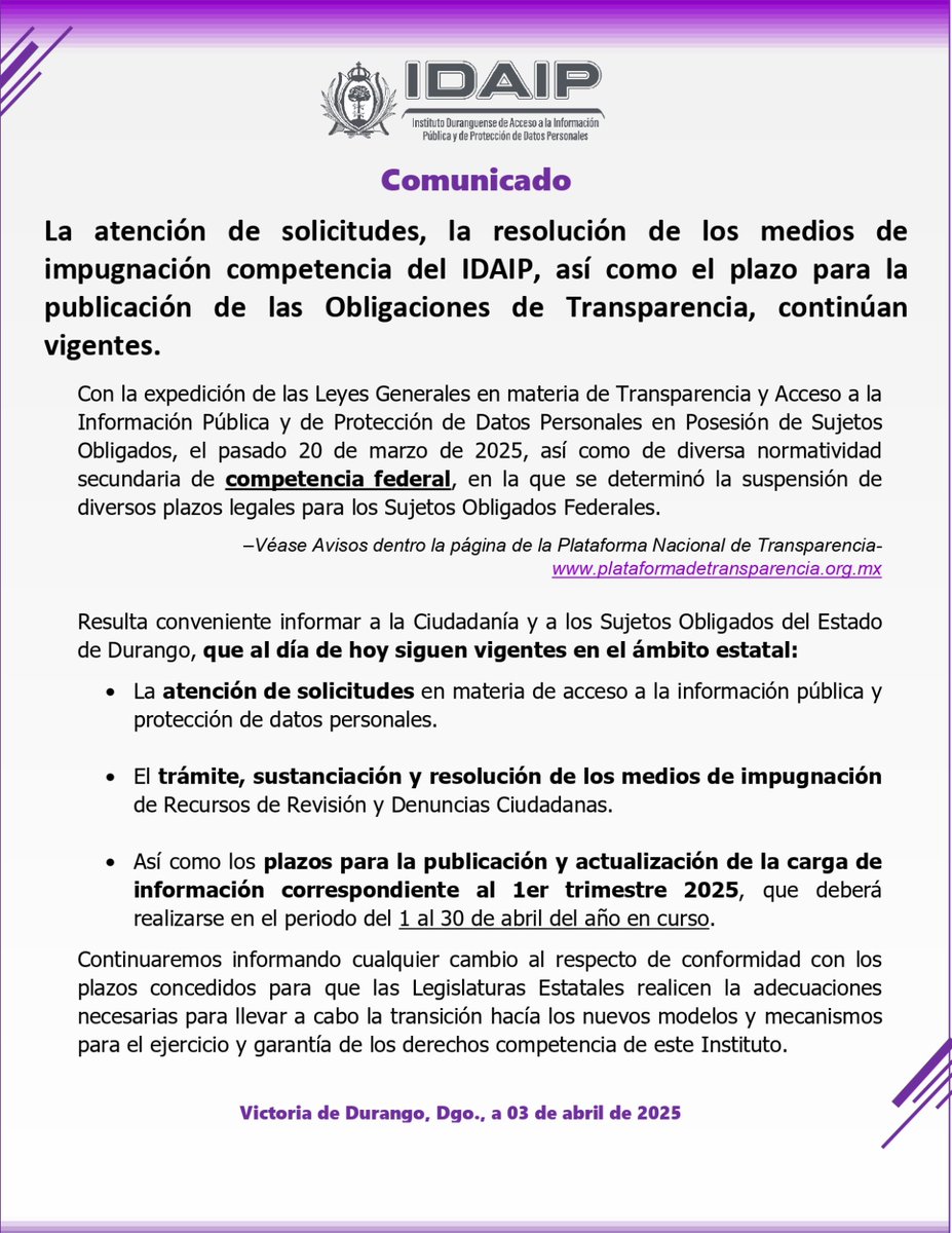 📢 COMUNICADO IMPORTANTE 📢

A todos los Sujetos Obligados y la ciudadanía duranguense.

#Durango #Transparencia #ComunicadoOficial
#20AñosdeServirADurango
