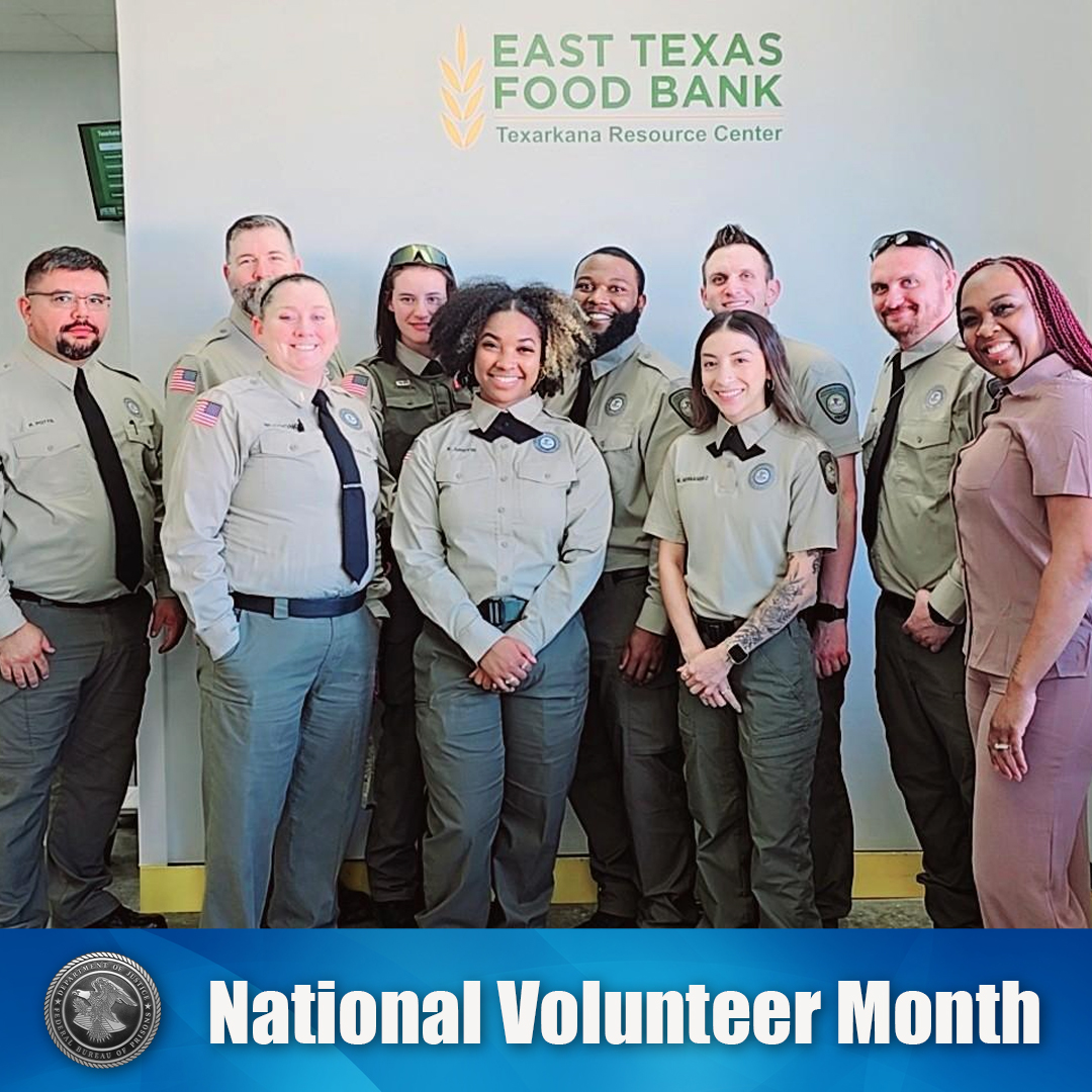 OfficialFBOP's tweet photo. FCI Texarkana Correctional Training Officers (CTOs) stepped up to serve their community by volunteering at a local food bank. From stocking shelves to assisting shoppers, their dedication went far beyond the walls of the institution. True leadership is shown through action—thank you, CTOs! 💪💙 

#NationalVolunteersMonth #CommunitySupport #LeadershipInAction