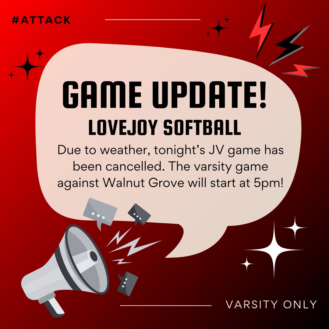 💥WEATHER UPDATE
🚨 DISTRICT AWAY GAME TONIGHT
🆚 Walnut Grove Wildcats
📆 Friday, April 4th, 2025
⏰ VARSITY ONLY 5:00PM
📍Walnut Grove High School
🥎 #itb #attack #bbt #ntd