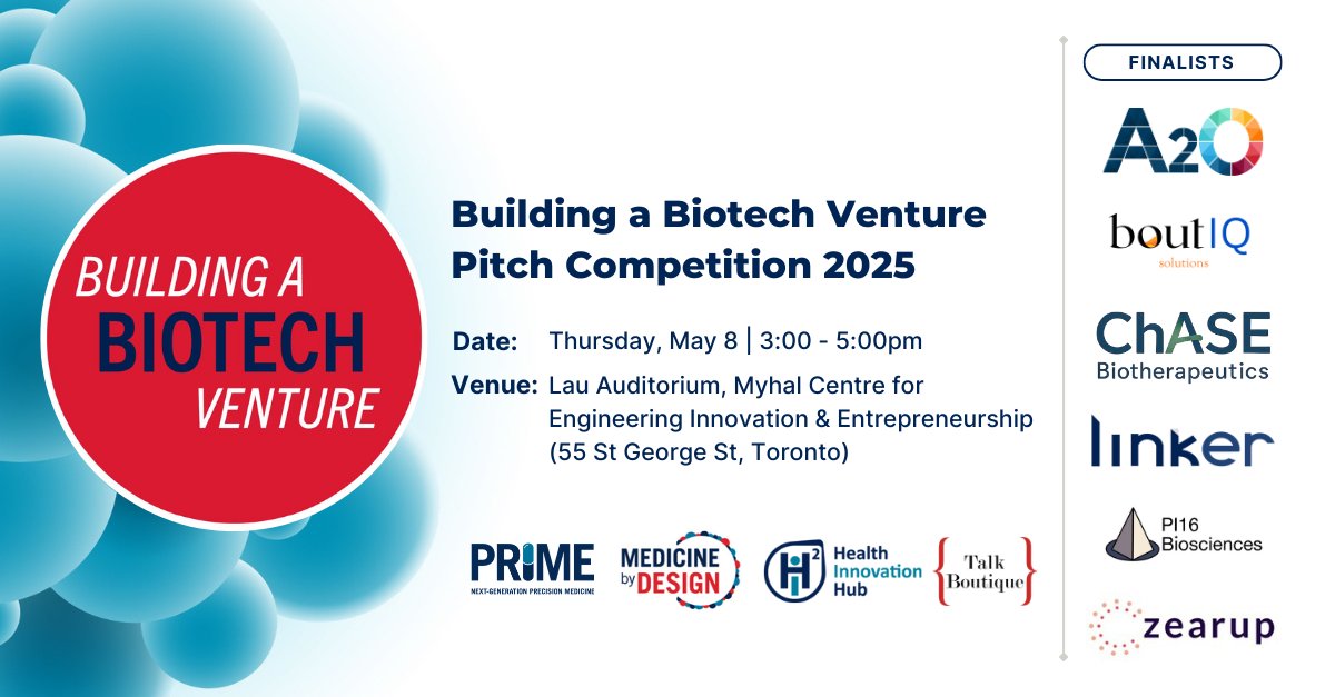 Join us for #BBTV2025 on May 8 at U of T’s Myhal Centre!

Six teams pitch their biotech ventures in #precision &amp; #regenerative medicine to compete for $25K in funding.

📍 Lau Auditorium | 3 - 5PM

Meet the teams &amp; register: prime.utoronto.ca/events/pitch-c…