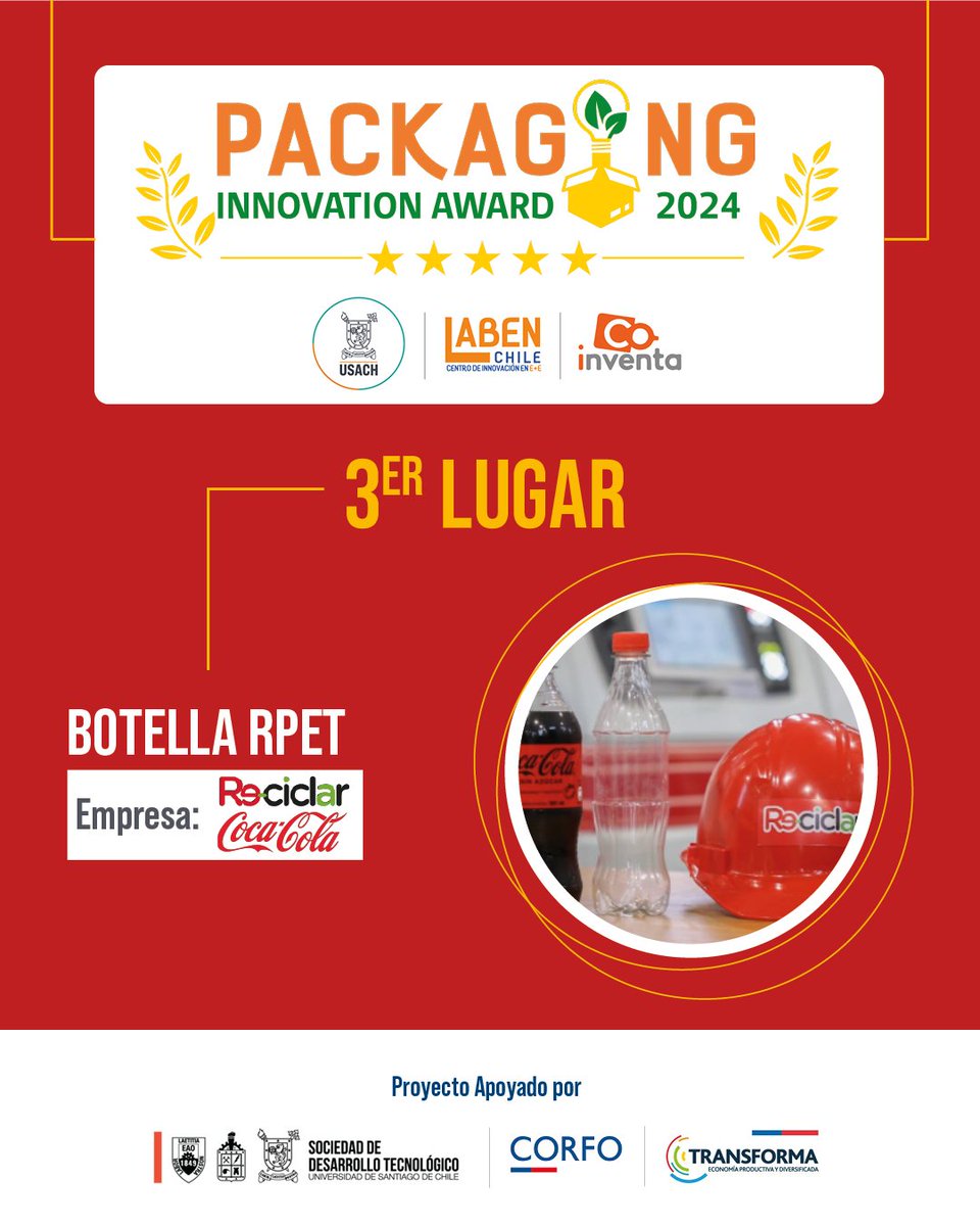 El Tercer Premio de los Packaging Innovation Award 2024 lo obtiene la “Botella rPET” de la Empresa Reciclar <a href="/CocaCola/">Coca-Cola</a>

La botella rPET es un innovador envase de bebida fabricado con resina PET reciclada de grado alimenticio, producido en la planta Re-Ciclar.