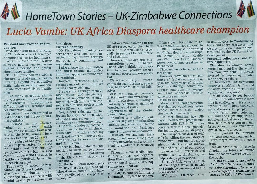UK-Africa Diaspora Healthcare Champion <a href="/LuciaVambe/">Lucia</a>'s inspiring story was featured in <a href="/thestandardzim/">The Standard Zim</a> spotlighting her decades-long contribution to mental health in the <a href="/NHS/">@NHS</a>, her support for Zimbabwe’s health system &amp; the passion that drives her work 🇬🇧🫱🏼‍🫲🏻🇿🇼 pressreader.com/zimbabwe/the-s…
