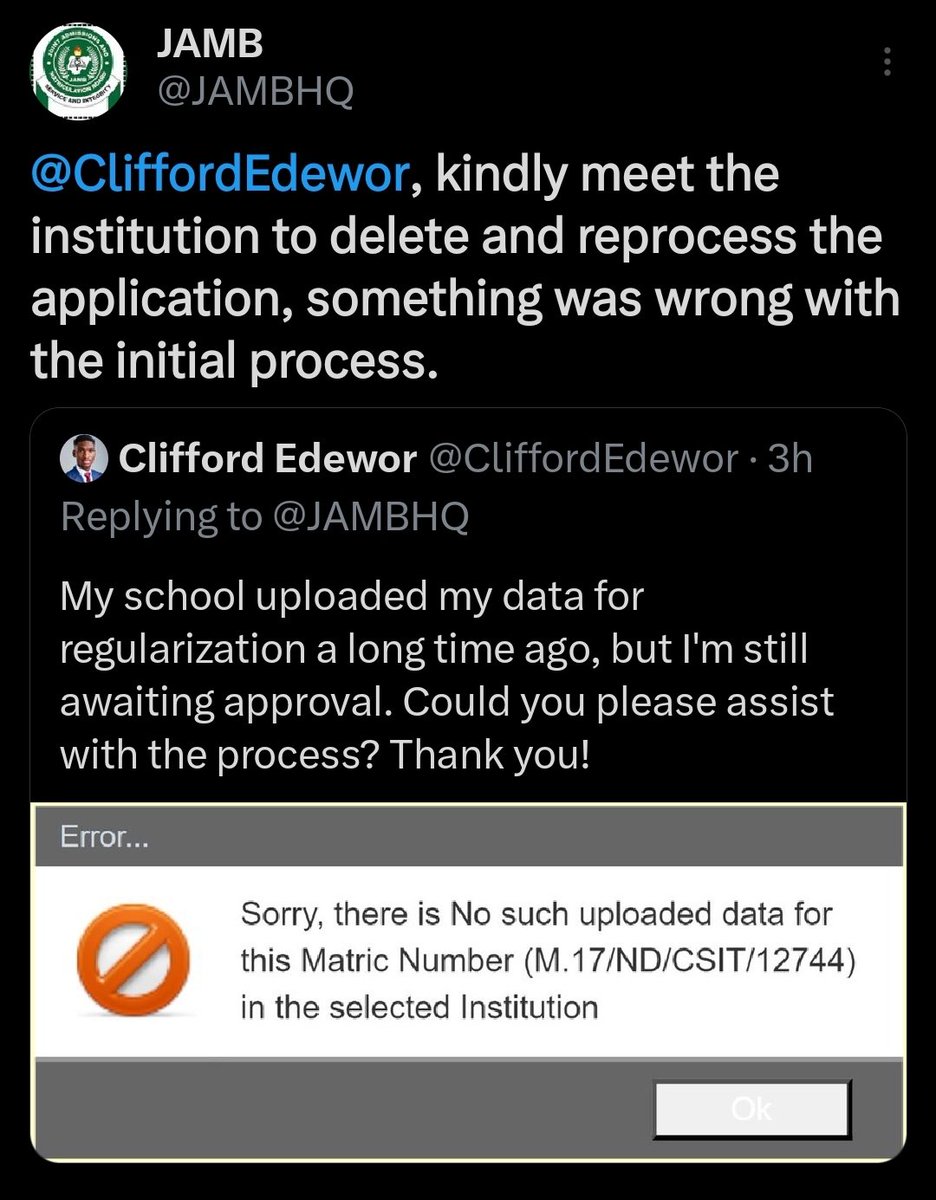 CliffordEdewor's tweet photo. @JAMBHQ we need urgent help!
Since 2017, PTI Computer Science graduates haven’t been able to complete JAMB regularization due to a persistent portal error.
Despite following all instructions, it still doesn’t work.
Please fix this!
#JAMBRegularization #PTI2017Set https://t.co/99EjLJn7pL