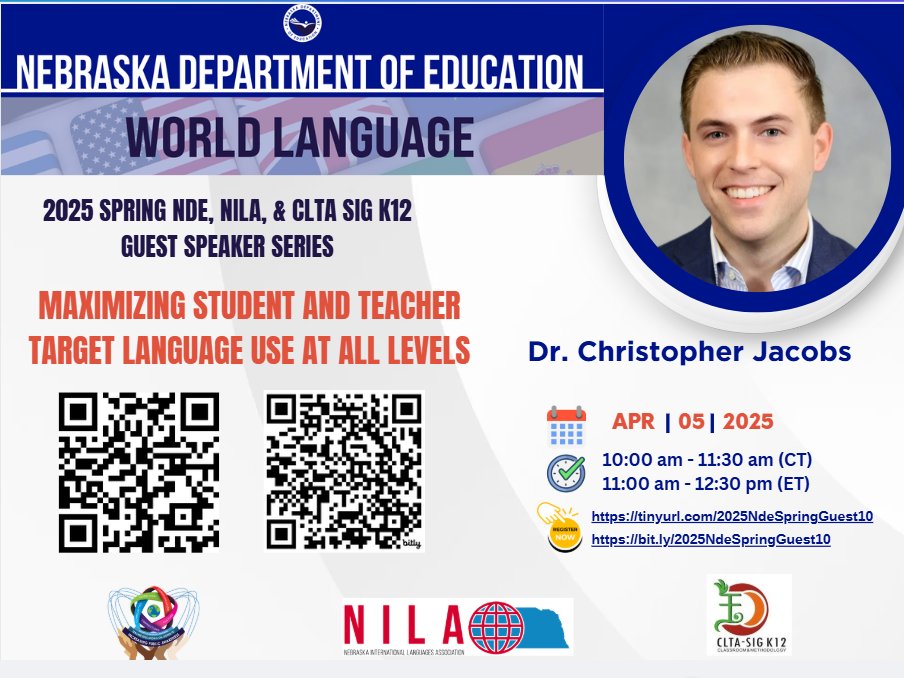 Chrystal Liu (@nde_worldlang) on Twitter photo 🚨 Last chance to join the 2025 Spring Guest Speaker Series!
🎯 Maximizing TL Use at All Levels w/ Dr. Christopher Jacobs
🗓️ April 5 | 🕙 10–11:30am CT
🔗 tinyurl.com/2025NdeSpringG…
Practical tips for more TL input & output—don’t miss it! 🌍💬 <a href="/ESUCC/">ESUCC</a> <a href="/Guanlaoshihao/">Guan Chunmei</a> <a href="/UNKearney/">University of Nebraska at Kearney</a> 🚨 Last chance to join the 2025 Spring Guest Speaker Series!
🎯 Maximizing TL Use at All Levels w/ Dr. Christopher Jacobs
🗓️ April 5 | 🕙 10–11:30am CT
🔗 tinyurl.com/2025NdeSpringG…
Practical tips for more TL input & output—don’t miss it! 🌍💬 <a href="/ESUCC/">ESUCC</a> <a href="/Guanlaoshihao/">Guan Chunmei</a> <a href="/UNKearney/">University of Nebraska at Kearney</a>