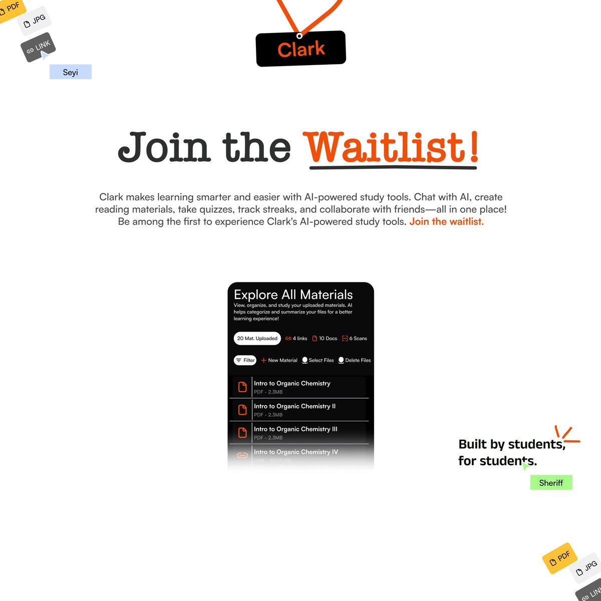 Clarkai_'s tweet image. The Clark! waitlist is finally open! 
Be among the first to experience AI powered studying- effortless, smart and built just for you 🙂‍↔️
Sign up now: clarkai.vercel.app