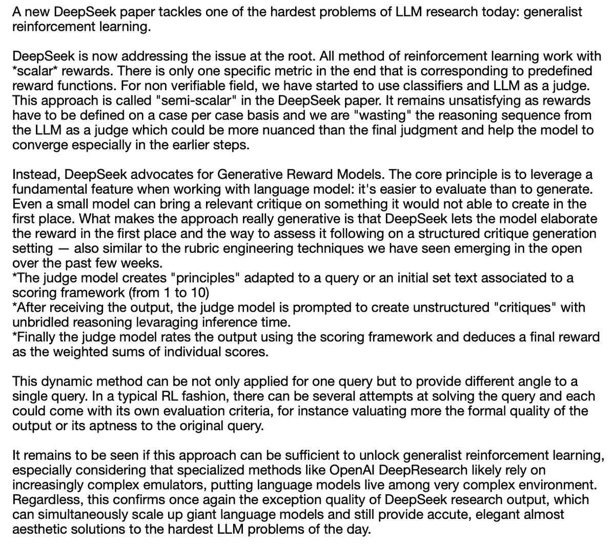 Longer thoughts over that DeepSeek paper on generative reward model.