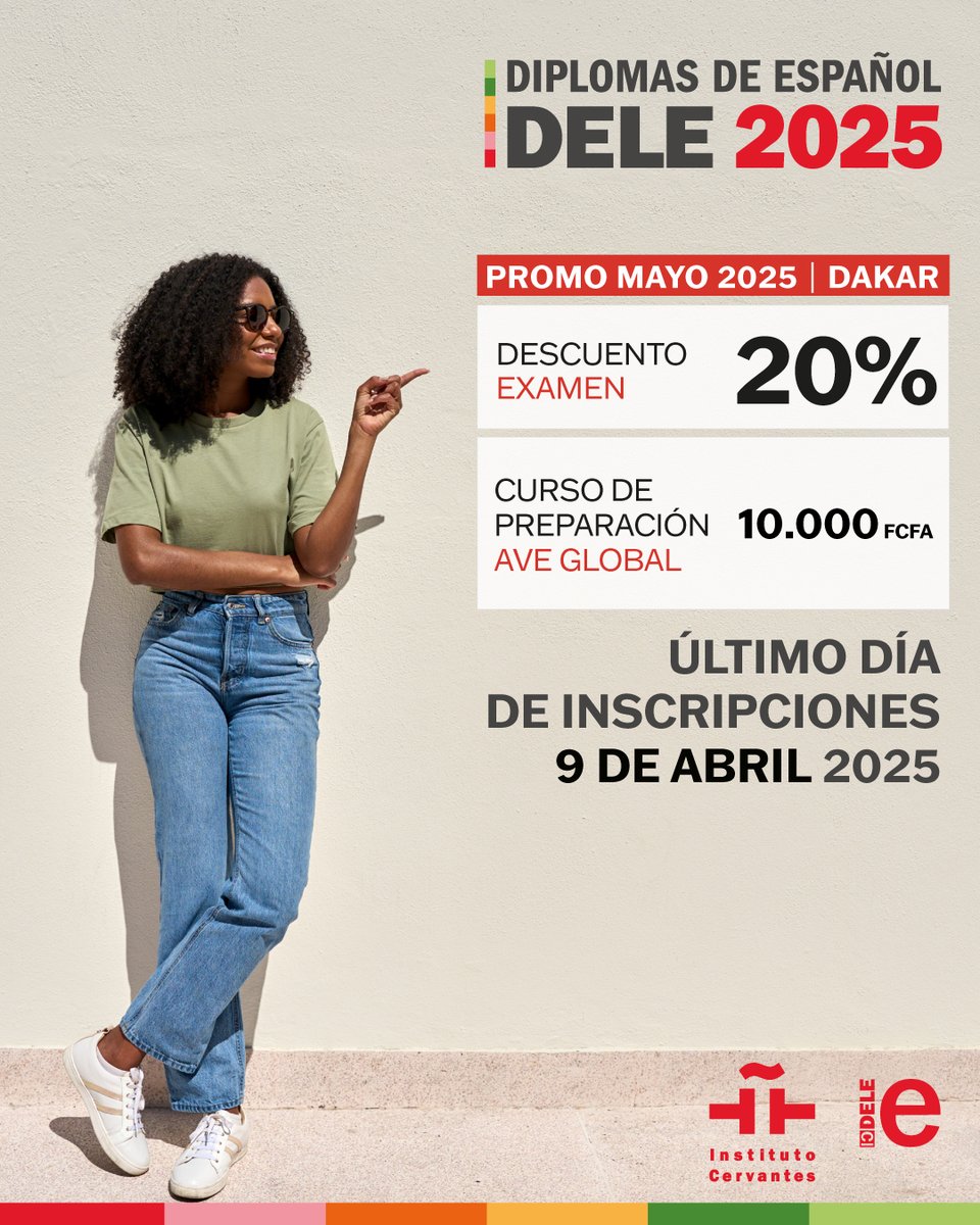 ICDakar's tweet photo. ¿Hablas español? ¡Demuéstralo con el DELE! 🇪🇸

✅ Diploma oficial reconocido en todo el mundo
✅ Oportunidades para trabajar y estudiar en países hispanohablantes
✅ ¡Demuestra tu nivel y destaca!

Inscripciones hasta el 9 de abril

Más info aquí 👉 https://t.co/Bb4uwEiYQL https://t.co/v0rmvz8Ssf