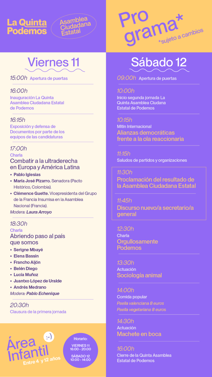 PODEMOS's tweet photo. 🟣 Vamos a poner a la izquierda valiente y transformadora en pie.

Vente a la Quinta Asamblea Ciudadana Estatal, podrás disfrutar de charlas, actuaciones y comida popular.

El próximo viernes 11 y sábado 12 te esperamos en Madrid.

Aquí toda la info. 👇
https://t.co/ZadN2Tnp0N https://t.co/1vXyoNwRem