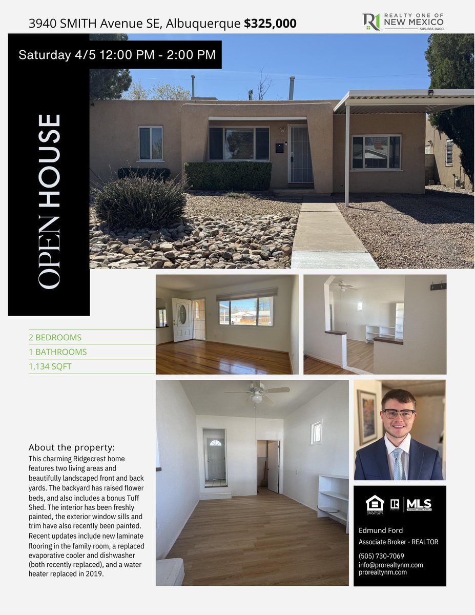 Join us at 3940 Smith Avenue SE, Albuquerque, for an Open House on Saturday, 4/5, from 12:00 PM to 2:00 PM! 2 beds, 1 bath, 1,134 sqft, $325,000. Hosted by Edmund Ford, Realty One of New Mexico. #OpenHouse #AlbuquerqueRealEstate #HomeForSale #RealtyOneNM #DreamHome #HouseHunting