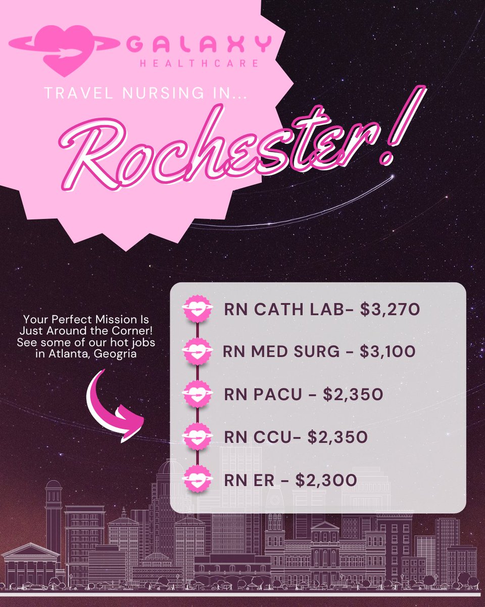 Galaxy_HCS's tweet photo. Hot Jobs Alert: Rochester, NY 🚀

We have RN, LPN, and Allied Health positions open now in Rochester, NY. Home to breathtaking High Falls, the birthplace of Kodak, and the iconic Wegmans—this city is full of charm and opportunity! 🏥 

Ready to launch your next travel assignment? https://t.co/gEzqB87Io0