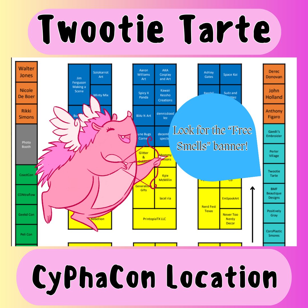 twootietarte's tweet photo. 🫧 Look for the free smells sign 🫧
@CyPhaCon is in 1 week from now! Here’s my booth assignment for the convention. So excited to be returning to Lake Charles year after year.
#cyphacon #cyphacon2025 https://t.co/dBcBpaXb2s