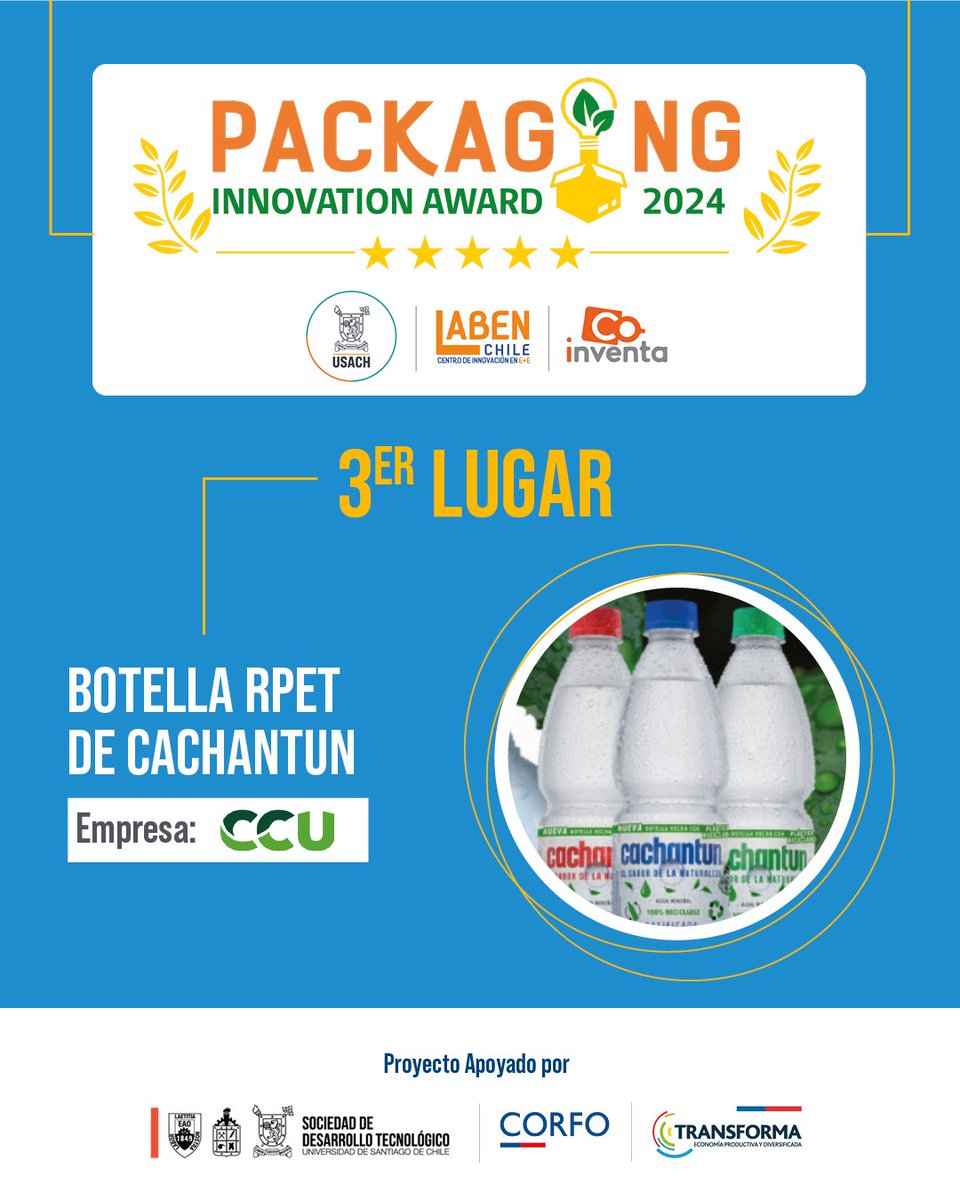 El Tercer Premio de los Packaging Innovation Award 2024 es para la Botella rPET de Cachantun” de la Empresa CCU
 
La botella rPET de Cachantun, en formato 600 cc, es un envase diseñado con materiales reciclados y 100% reciclables, producido en la planta CirCCUlar de CCU en Chile