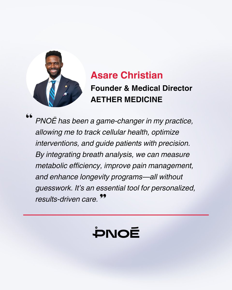 “PNOĒ has been a game-changer,” says Dr. Asare Christian of Aether Medicine. It lets him track cellular health, guide interventions with precision &amp; scale personalized care—especially in pain management &amp; longevity. No guesswork, just real data. #PNOE #FunctionalMedicine