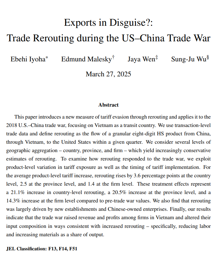If a country chooses to impose tariffs, design matters.

Country-level tariffs are prone to evasion through transshipment/rerouting.

Product-level tariffs better target policy goals with fewer distortions.

This paper suggests this was significant in the 2018 Trade War👇