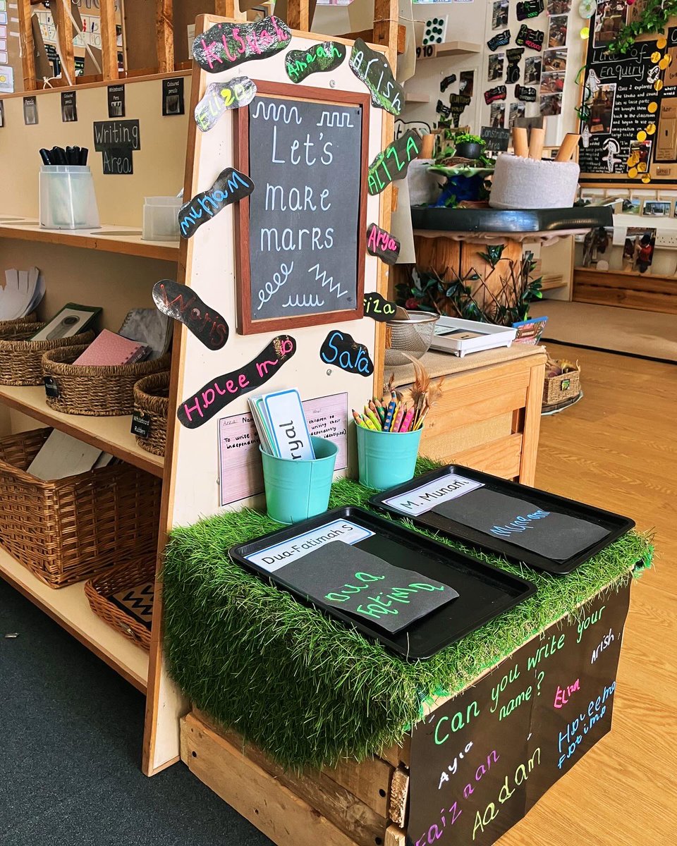 JennyPennys's tweet image. Name writing practice in Reception. Encouraging meaningful marks throughout continuous provision #eyfs #earlyyears #namewriting #eyfsclassroom #markmaking