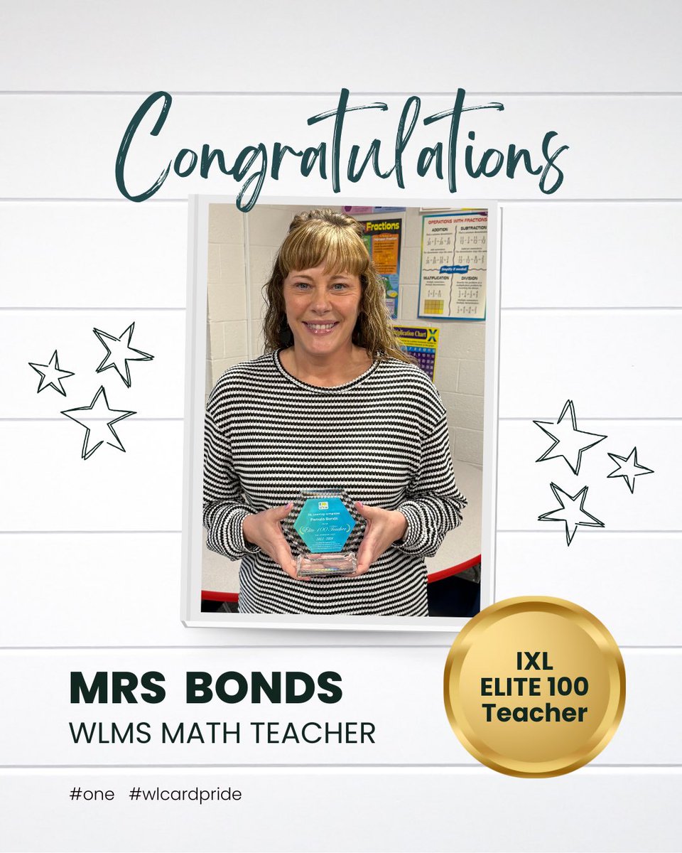 Congratulations to Mrs. Bonds on receiving the iXL Elite 100 teachers award. This National honor is awarded to IXL's highest-achieving classrooms worldwide and demonstrate an exceptional commitment to enhancing learning through technology. Wonderful job Mrs. Bonds and students.
