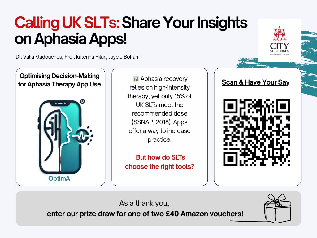 🚨FINAL CALL for UK SLTs – Survey Closes Soon!

How do you choose #aphasia #apps for your clients?

We're creating practical guidance to support decision-making – and we need YOUR input to make it real-world and relevant!

Take our 15-minute online survey: cityunilondon.eu.qualtrics.com/jfe/form/SV_1C…