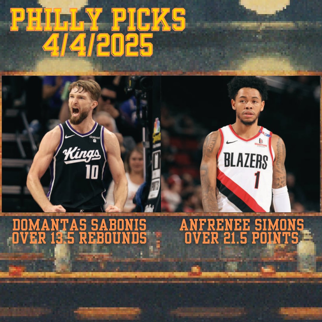 PHILLY PICKS🧀 FOR 4/4/2025

PLEASE SWEEP 🙏

DOMANTAS SABONIS OVER 13.5 REBOUNDS
ANFRENEE SIMONS OVER 21.5 POINTS

LIKE IF YOU’RE TAILING 💛  

FOLLOW FOR FREE PROPS‼️  
#PrizePicks #GamblingX #SleeperPicks #Chalkboard #UnderdogFantasy #NBA