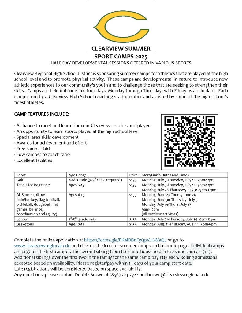 Clearview Regional School District (@clearview_nj) on Twitter photo Clearview Summer Camp registration is open! Lots of fun sports choices for all ages 1st through 8th grade. Clearview Summer Camp registration is open! Lots of fun sports choices for all ages 1st through 8th grade.