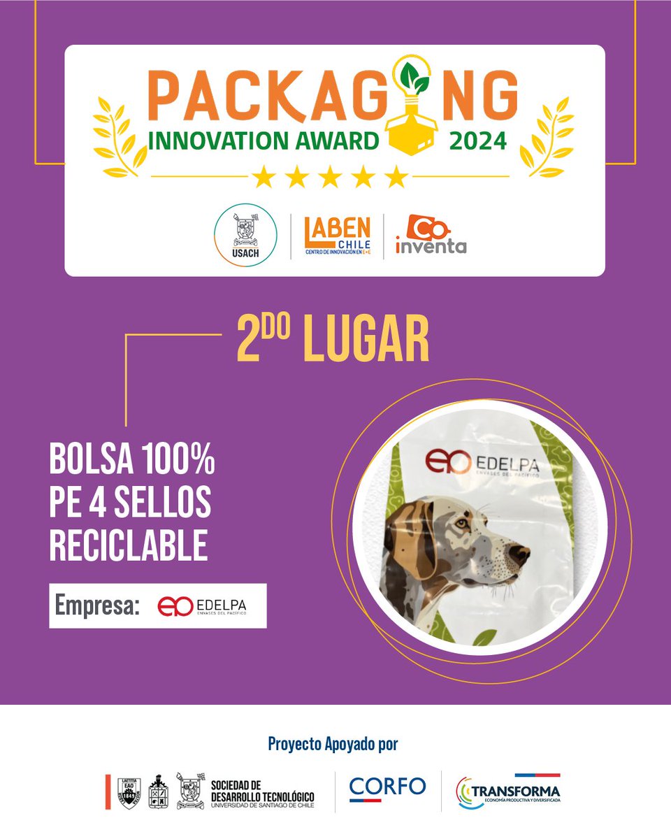 El Segundo Premio de los Packaging Innovation Award es para la “Bolsa 100% PE 4 sellos reciclable” de la empresa EDELPA
 
Esta bolsa coextruida bilaminada en PE/PE es 100% reciclable, diseñada para quienes buscan un envase sostenible sin comprometer su función y la ergonomía.