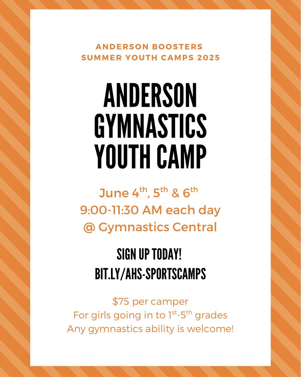 We are two months out from Youth Camp!!! Sign up today!!! 🤸🏼‍♀️🤸🏼‍♀️🤸🏼‍♀️ <a href="/Boosters_AHS/">Anderson Athletic Boosters</a> <a href="/AHSRaptorsAD/">AHS Athletics</a> <a href="/AndersonRaptors/">Anderson High School</a> <a href="/MadduxMustangs/">Maddux Elementary</a> <a href="/SherwoodArcher1/">Sherwood Archers</a> <a href="/summitbees/">SummitElementaryFHSD</a> <a href="/FHSchools/">FHSD</a>