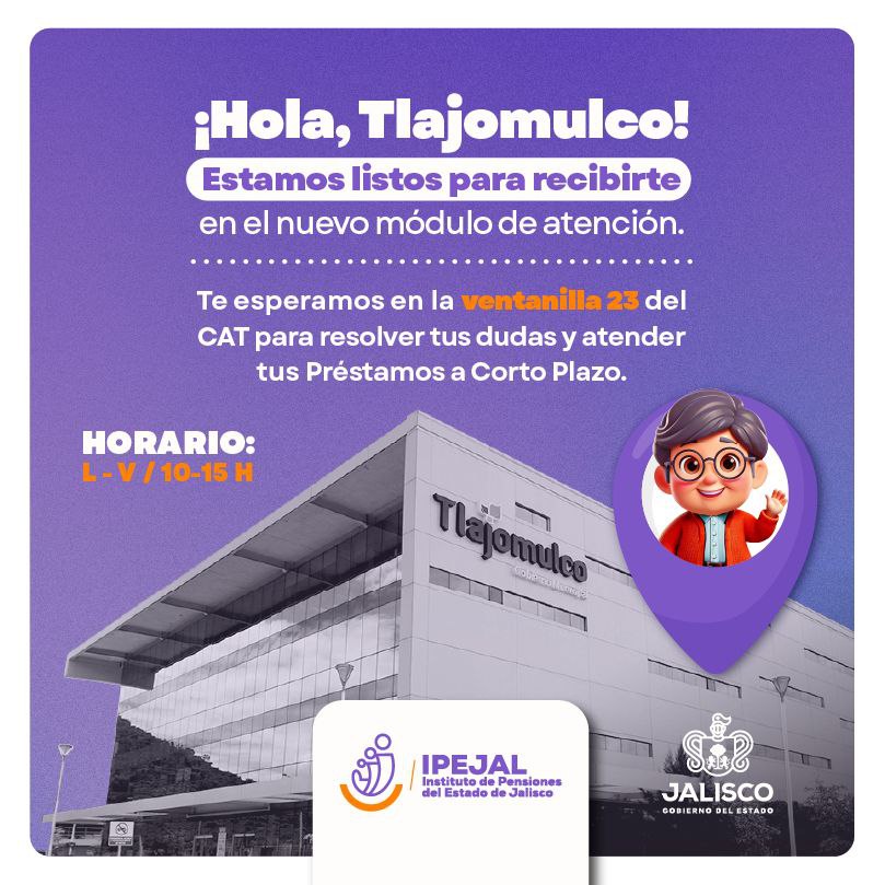 Si eres trabajador o trabajadora activa, jubilado o pensionado y vives en Tlajomulco este anuncio es para ti: 
Desde el 1 de Abril contamos con un módulo de atención en el CAT de @GobiernodeTlajomulco. 
Visítanos para conocer más sobre nuestros trámites y servicios.