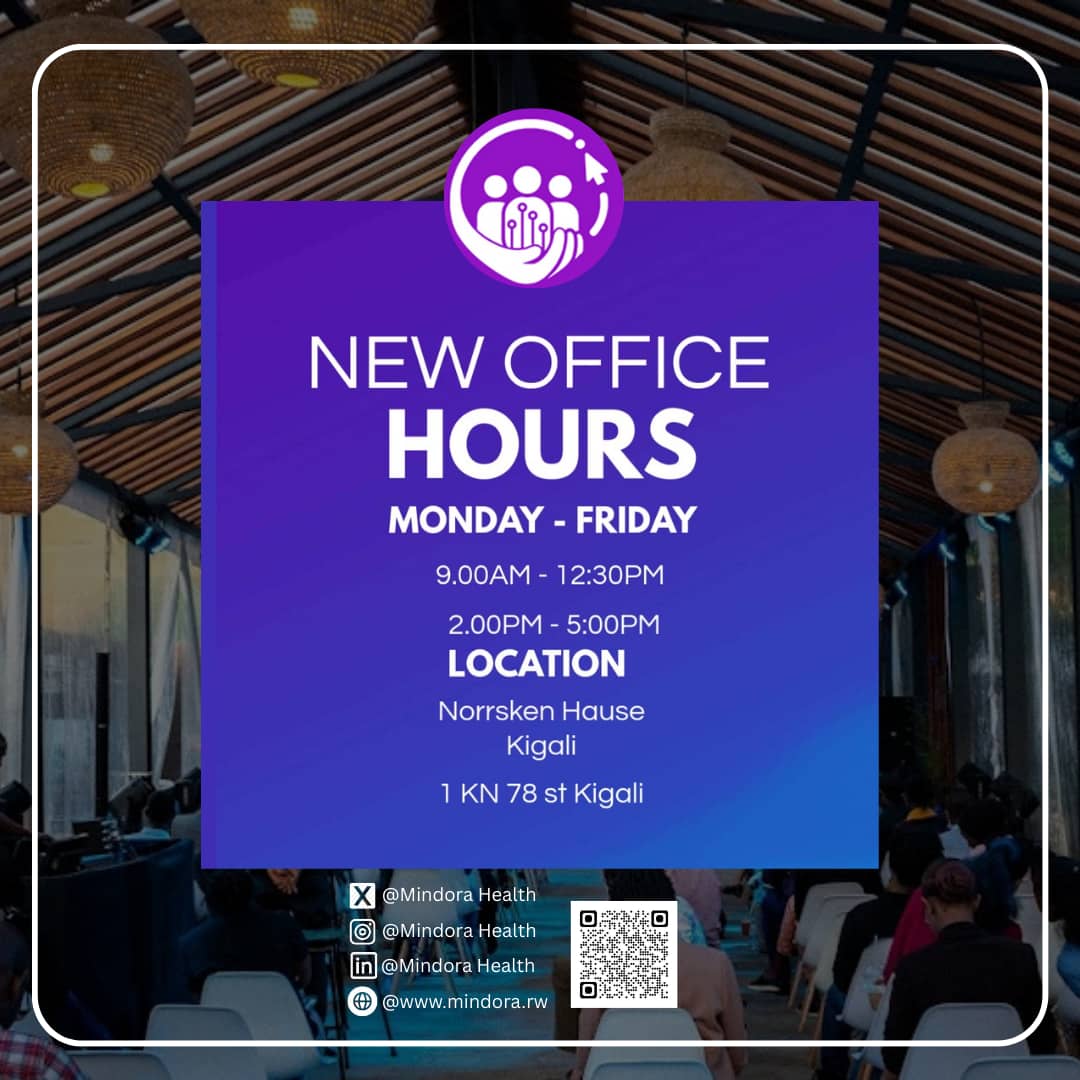 Mwene Munana (@leonpmuhire) on Twitter photo New Office of <a href="/MindoraRW/">Mindora Health</a>
📍 <a href="/norrskenEA/">Norrsken East Africa</a> Kigali 🇷🇼
1 KN 78 St Kigali
🕰️ From 9 a.m to 5 p.m
#MentalHealthMatters
#mentalhealthcare
#HealthTech New Office of <a href="/MindoraRW/">Mindora Health</a>
📍 <a href="/norrskenEA/">Norrsken East Africa</a> Kigali 🇷🇼
1 KN 78 St Kigali
🕰️ From 9 a.m to 5 p.m
#MentalHealthMatters
#mentalhealthcare
#HealthTech