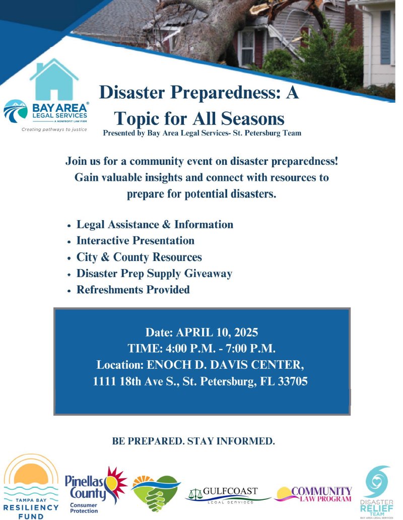 Free community disaster prep event:
📅Thurs, 4/10, 4pm-7pm
🏫Location: Enoch Davis Center - 1111 18th Ave S, St Pete

✅Resources:
🔹Legal info &amp; help
🔹City/County resources
🔹Disaster prep supplies
🔹 Refreshments

#DisasterPreparedness #EndingHomelessnessTogether #PinellasCoC