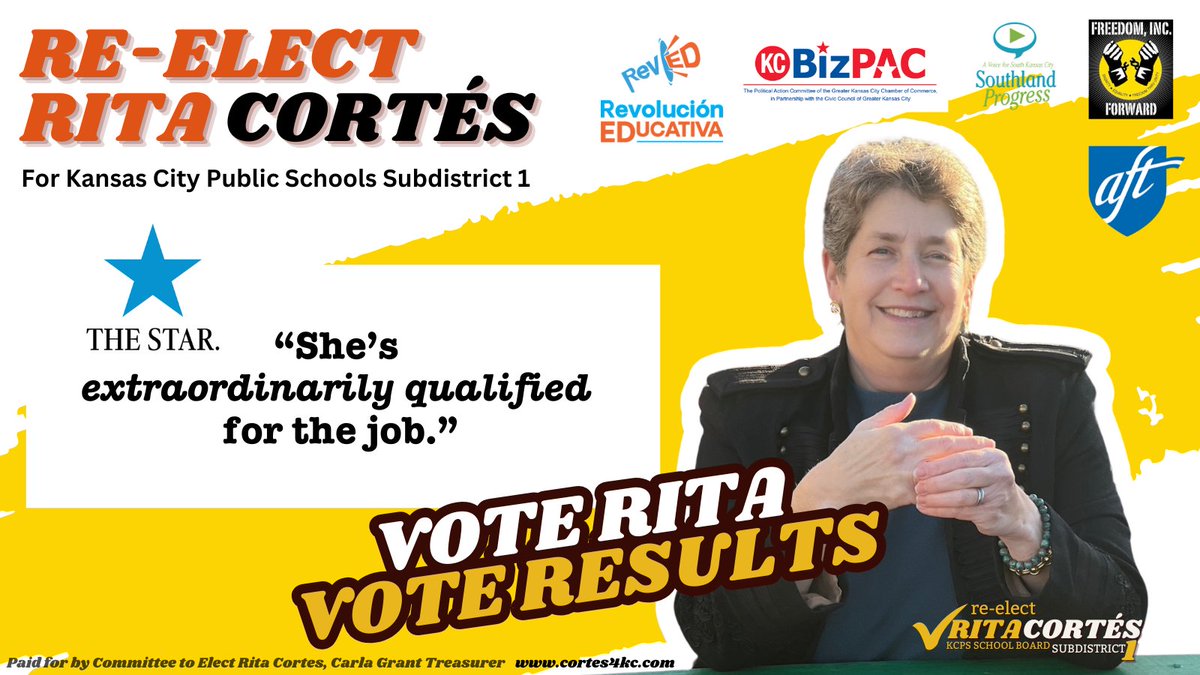 Rita Cortes (@bigritakc) on Twitter photo Rita Cortés has spent years strengthening KCPS alongside families, educators, and advocates. Now, her leadership is backed by endorsements from across the community, including the Kansas City Star. Let’s keep KCPS moving forward—vote Rita by April 8! #StrongerSchools <a href="/KCStar/">The Kansas City Star</a> Rita Cortés has spent years strengthening KCPS alongside families, educators, and advocates. Now, her leadership is backed by endorsements from across the community, including the Kansas City Star. Let’s keep KCPS moving forward—vote Rita by April 8! #StrongerSchools <a href="/KCStar/">The Kansas City Star</a>