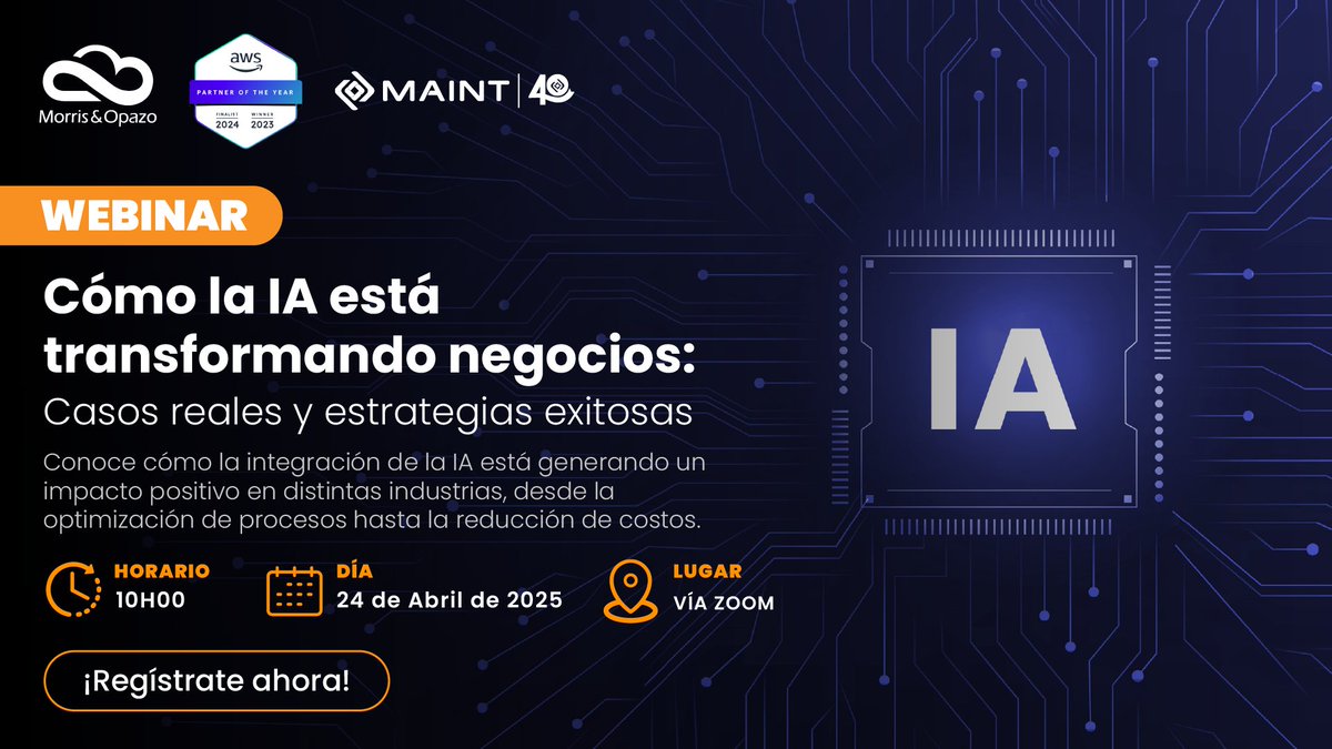 #MAINT | ¡Únete a nuestro próximo webinar! 🖥️

Con Morris &amp; Opazo y AWS, exploraremos casos de éxito reales donde la IA ha sido clave para potenciar la eficiencia, mejorar la toma de decisiones y acelerar la innovación. 🚀 

Regístrate aquí➡️ lnkd.in/gq3_fwhg
#MAINTLatam