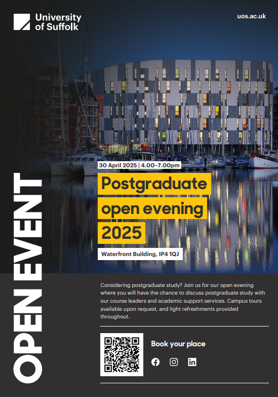 UOSEnglish's tweet image. Are you interested in studying our #MA Creative and Critical Writing? Chat with our course leader at our next #postgrad open event @UniofSuffolk! #study #WritingCommunity #creative
📅 4-7pm, Weds 30 April
🏢 Waterfront Building, Ipswich
📒 Book: uos.ac.uk/pg-open-evenin…