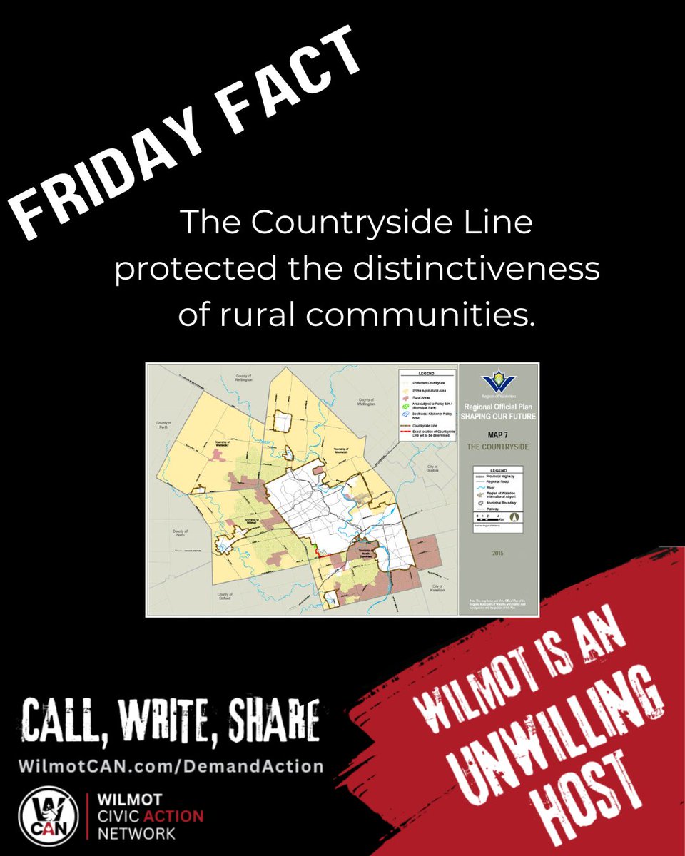 Wilmot_CAN's tweet image. The Countryside Line protected the distinctiveness of rural communities at a time when other cities in Ontario were annexing rural areas for suburban expansion. Now it&apos;s gone. We need new protections.

#FridayFact
#FightForFarmland
#UnwillingHosts
#WilmotLandGrab