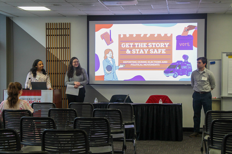 Clinic student Ellie Wilson-Wade presented to high school journalists attending <a href="/GSPAuga/">GA Scholastic Press</a>'s spring workshop about legal and safety tips for news gathering at protests and other polarized events. She was joined by Clinic co-presenters Christina Lee and Ward Evans.