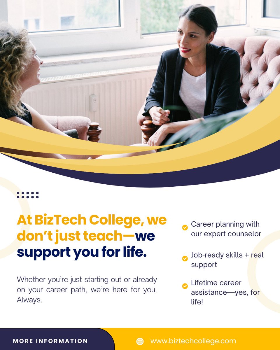 Biztechcollege's tweet photo. At BizTech College, your success is our success.
Our dedicated career counselor works closely with you to define your long-term goals and map out a clear path to your dream career.  
#CareerSupport #BizTechCollege #StudentSuccess #JobReady #FutureFocused https://t.co/5Ra1un7P0S