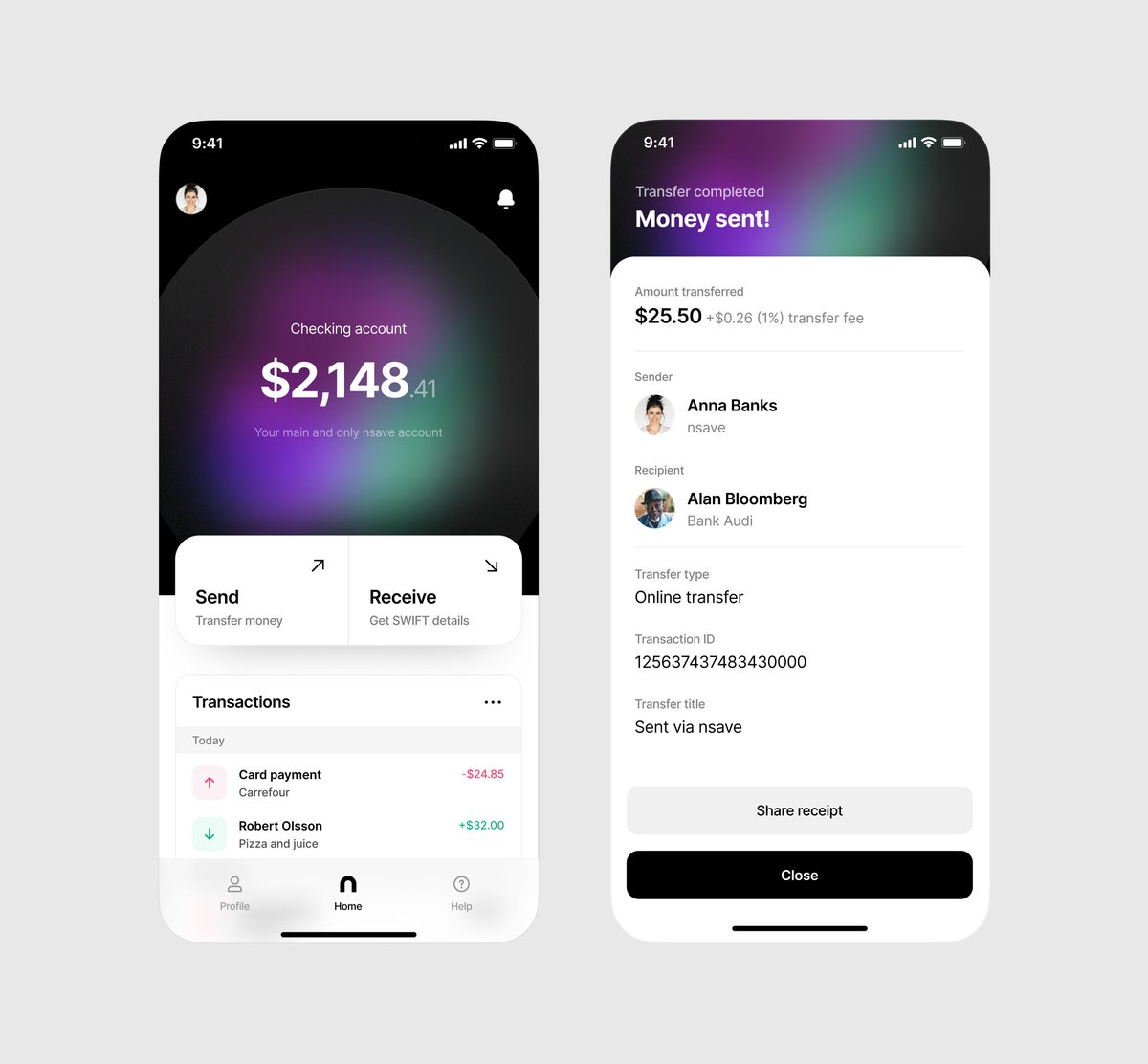 banking app / homescreen + transfer confirmation